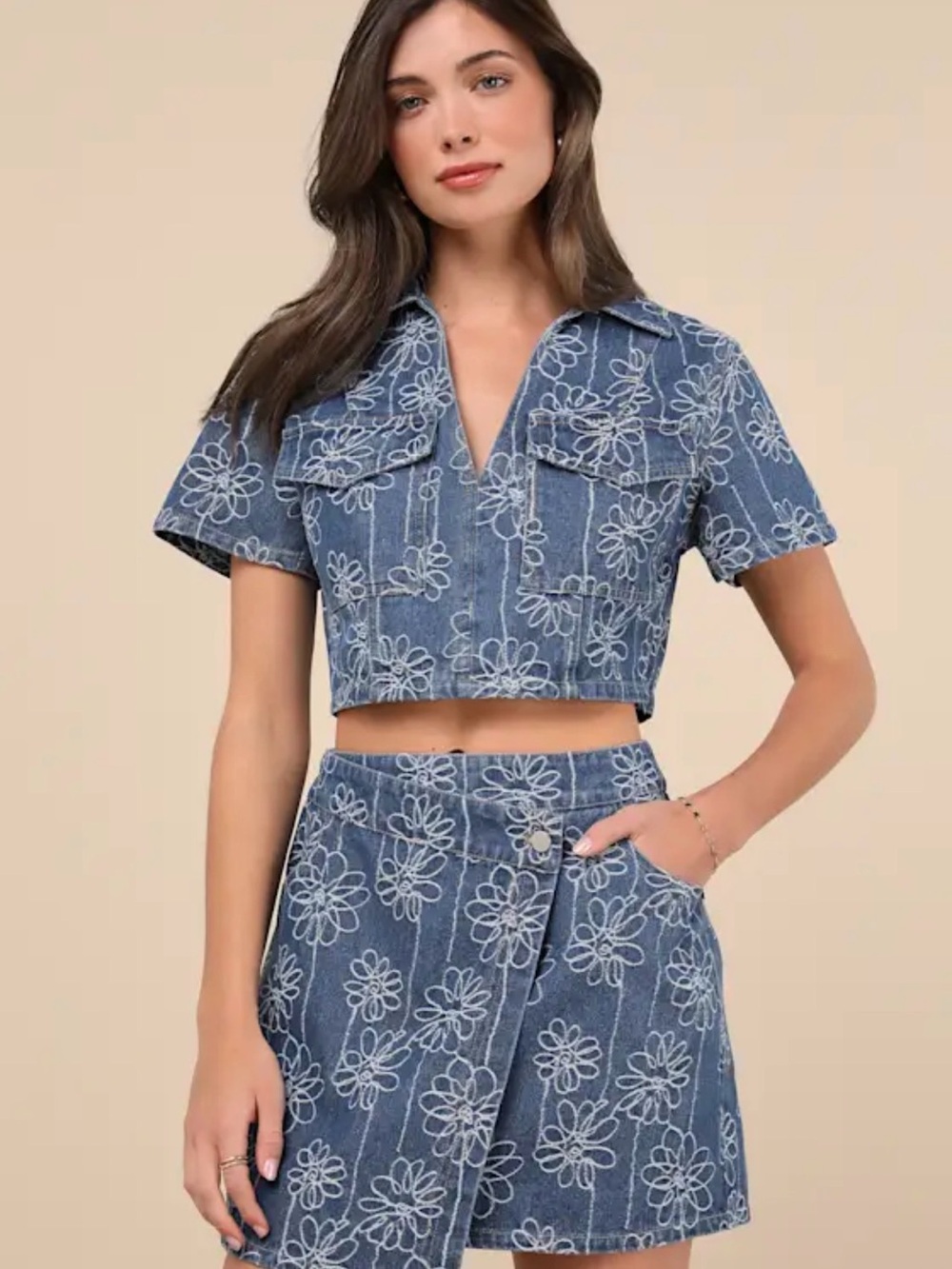 Lulus Floral Embroidered Denim Crop Top & Skort Set Size S